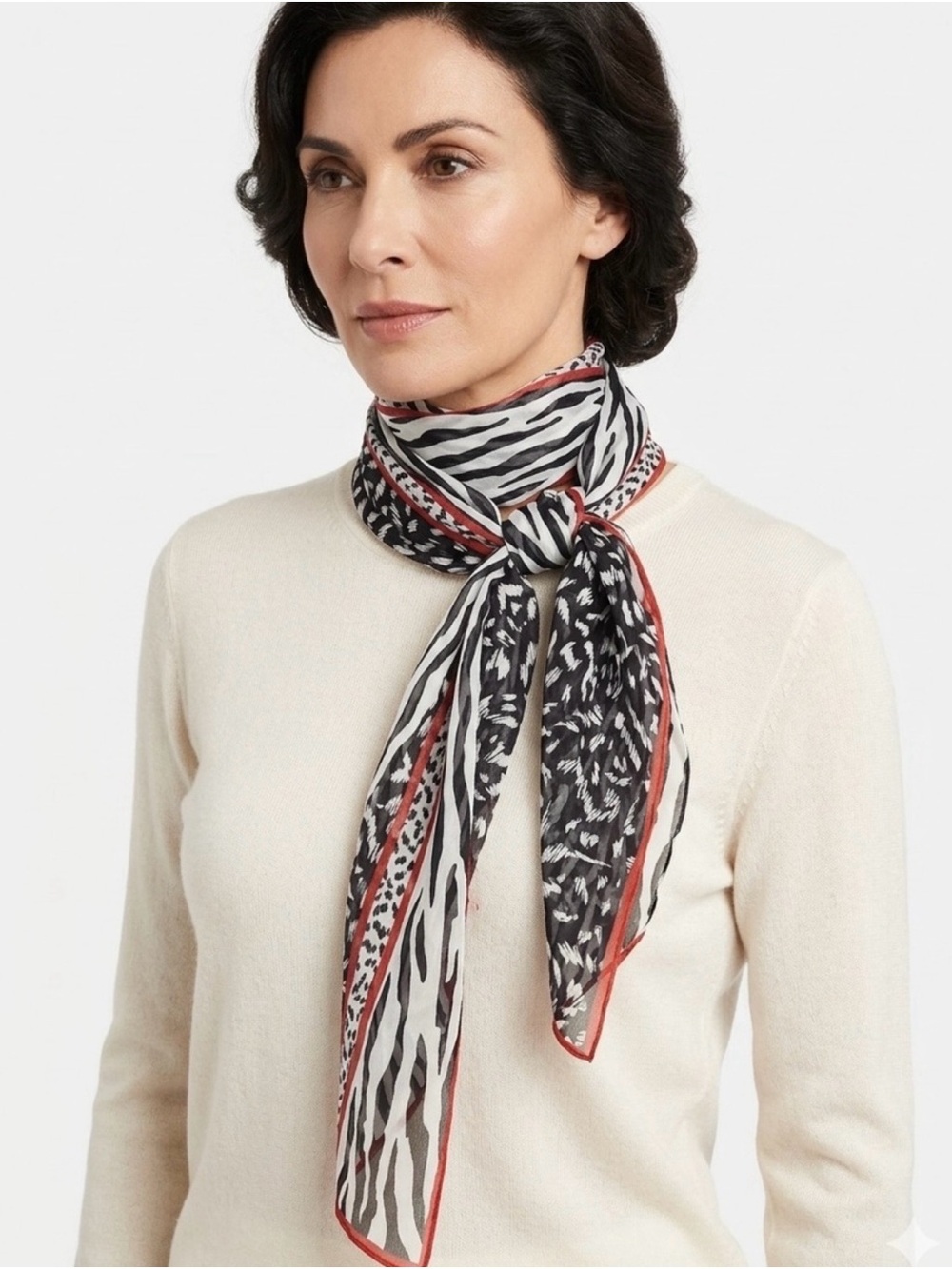 Cabi Silk Black & White Animal Print Scarve with Red Trim